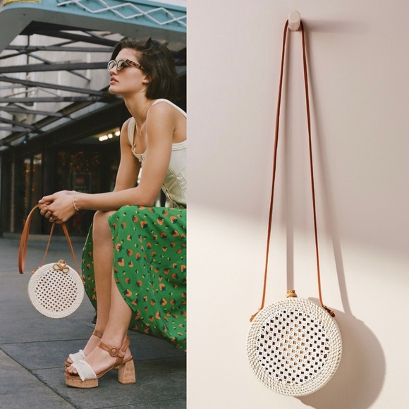 Anthropologie Handbags - Anthropologie White Woven Round Crossbody with Tan Strap